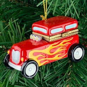 Hot Rod Car Porcelain Hinged Surprise Gift Trinket Box Christmas Ornament